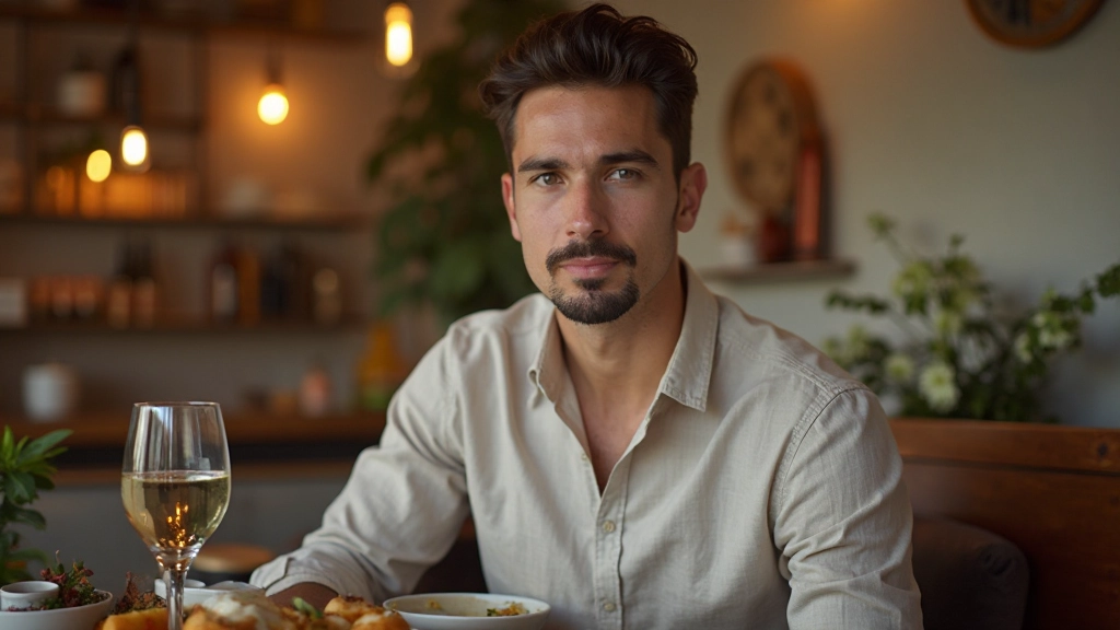 Man aged 28 fully clothed in casual shirt sitting at restaurant table holding menu, portrait from chest up, warm lighting