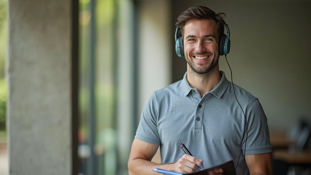 Young man listening to Spanish language audio lesson on headphones while reading notes