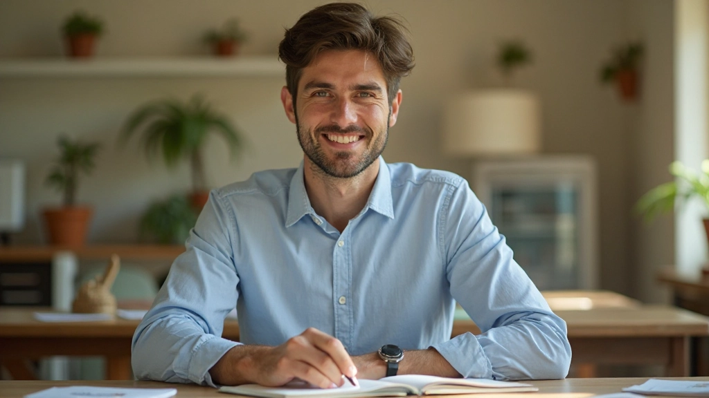 Man aged 32, fully clothed in light blue casual shirt, portrait from chest up, sitting at wooden desk with notebook and Spanish flashcards, warm afternoon sunlight, focused expression, blurred background, NO text, NO watermarks