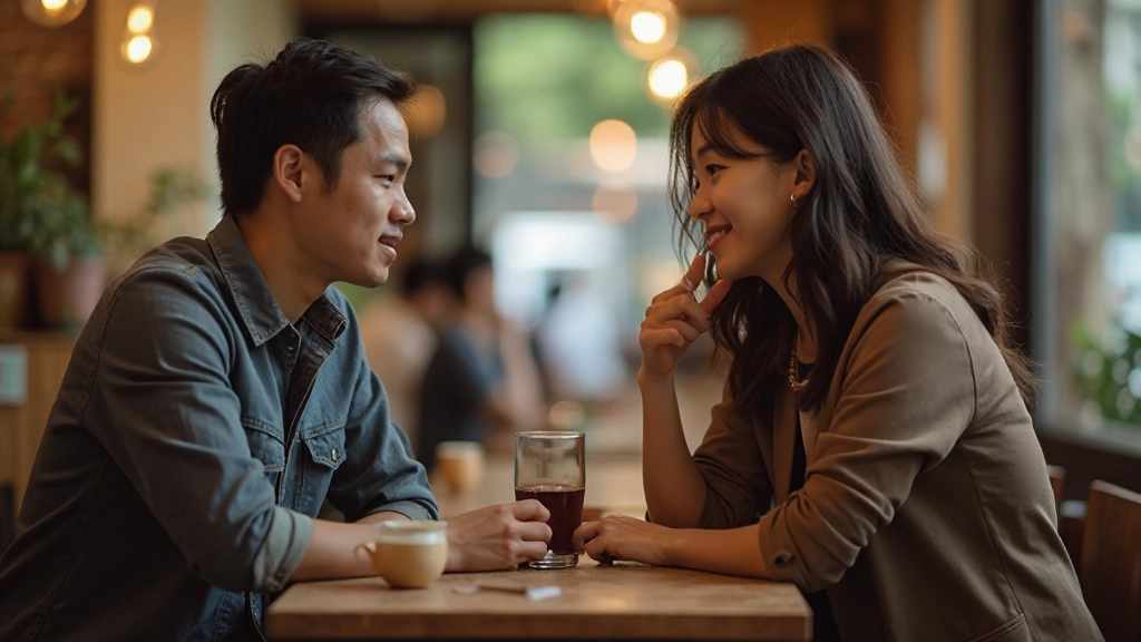 Close-up of two people having an engaged conversation at a café, both leaning in attentively