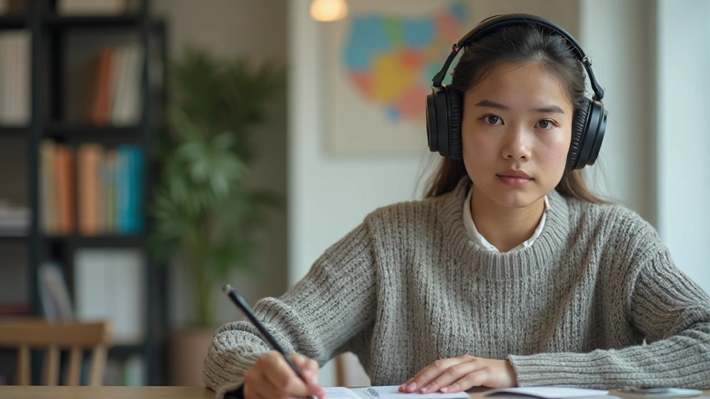 Person wearing headphones, smiling while practicing Spanish pronunciation with notebook and pen visible on desk