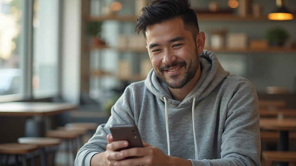 Person aged 30, fully clothed in gray casual hoodie, portrait from chest up, holding smartphone showing language app interface, sitting in bright modern coffee shop, natural window light, blurred background, NO text, NO watermarks