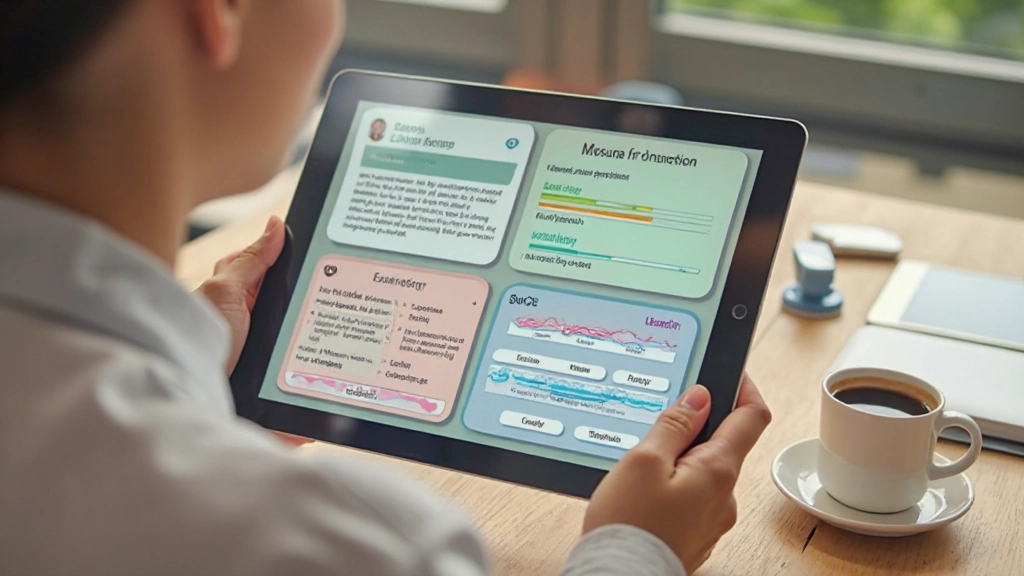 Tablet showing Spanish language learning app with colorful lessons and progress tracking