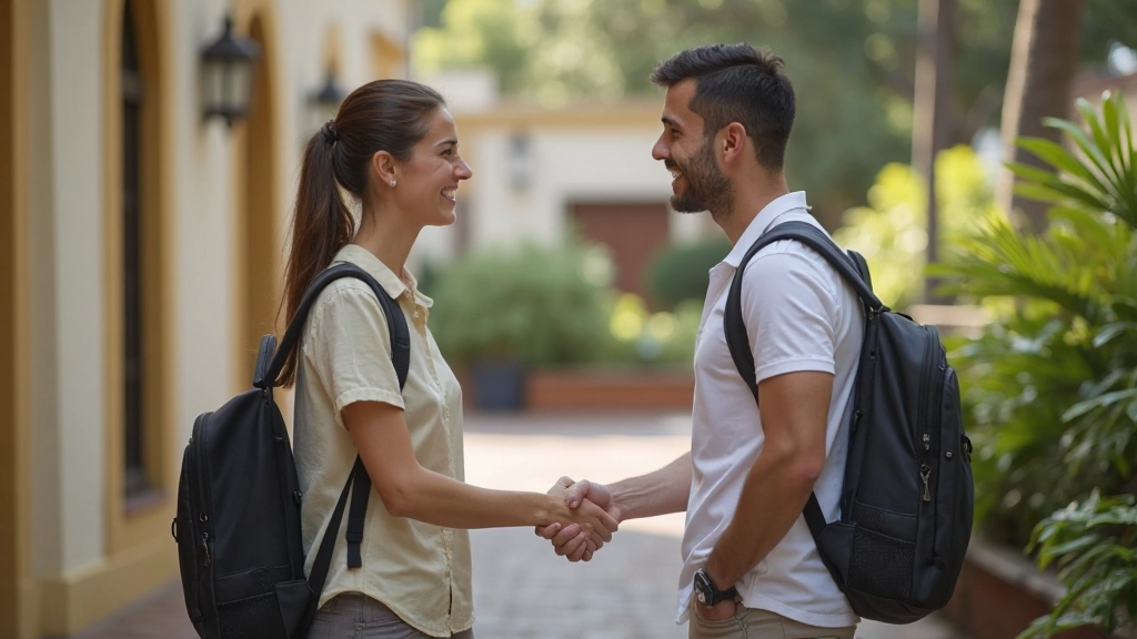 Two people aged 30-35 fully clothed meeting outdoors, shaking hands with warm smiles in front of traditional building