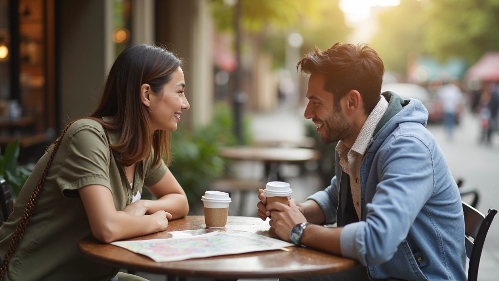 Travelers having a conversation at a café table with coffee cups and a street map