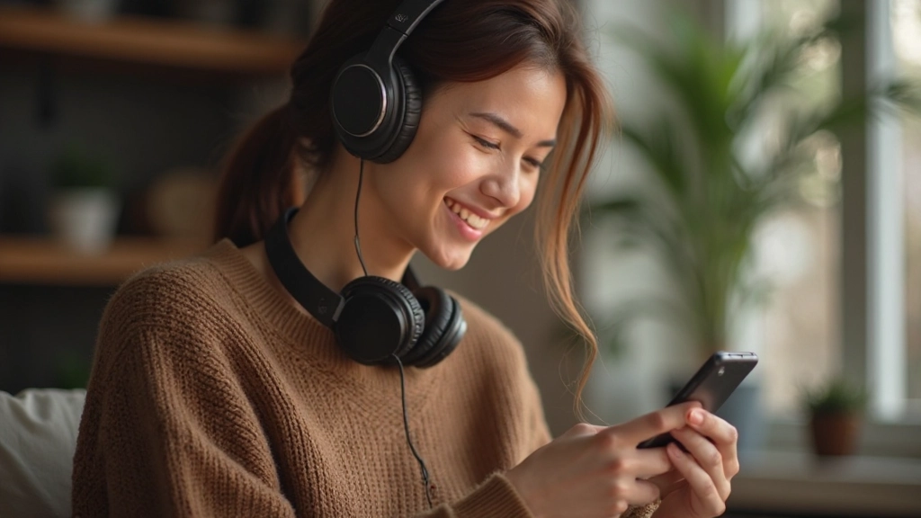 Woman aged 26, fully clothed in warm brown sweater, portrait from chest up, headphones around neck, smiling while looking at smartphone with language learning interface, cozy home environment, soft natural light, blurred background, NO text, NO watermarks