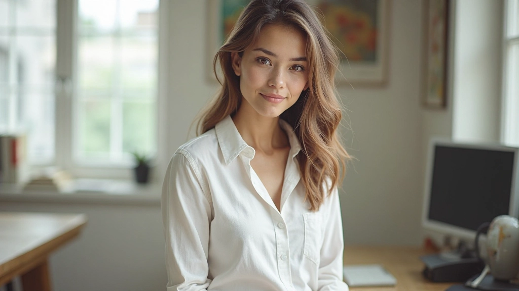 Smiling woman aged 28, fully clothed in casual white shirt, portrait from chest up, in bright modern study space with Spanish language books visible, natural window lighting, blurred background, NO text, NO watermarks