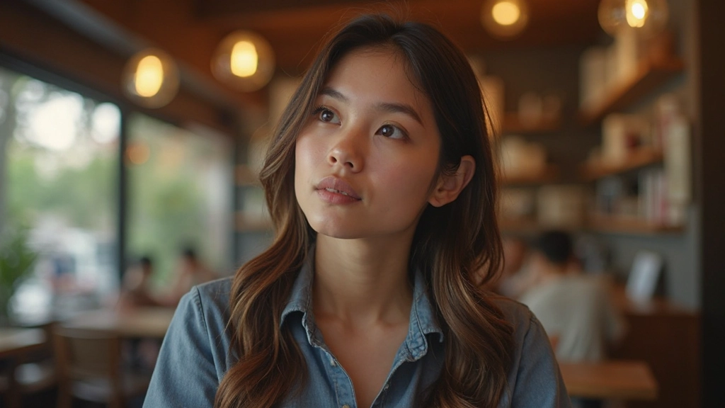 Woman listening intently during a conversation at a café table, holding a coffee cup, nodding thoughtfully