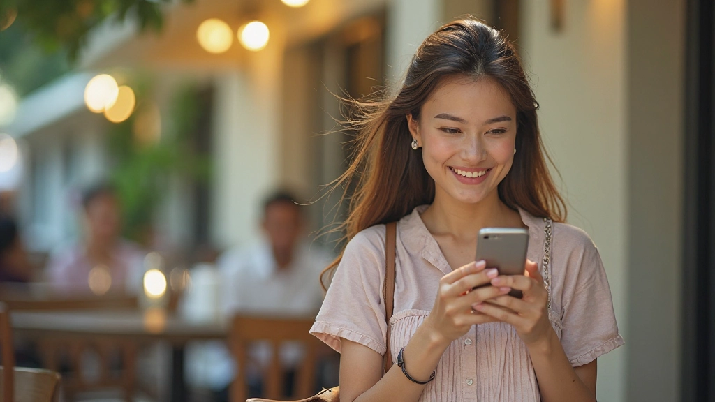 Woman using Spanish language learning app on mobile device at outdoor café table with coffee and notebook