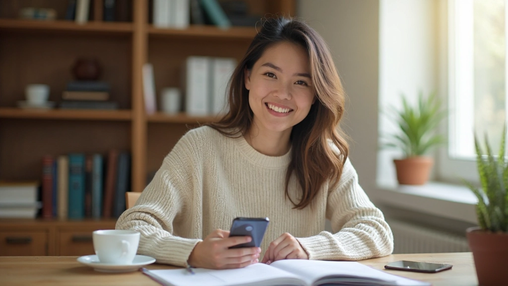 Woman studying Spanish language with notebook and coffee in bright morning light