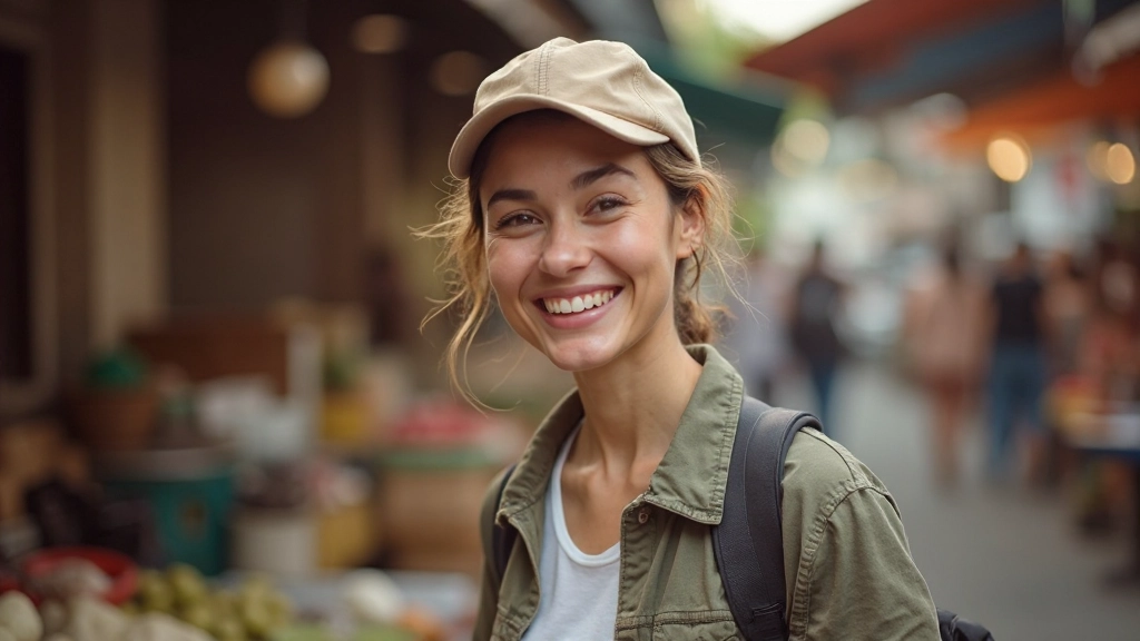 Travelers chatting with a local vendor at a street market stall, smiling and pointing at items