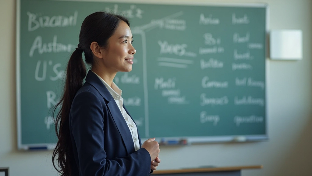 Young woman aged 24, fully clothed in navy blue blazer, portrait from chest up, pointing at whiteboard with Spanish vocabulary written on it, classroom setting with natural light, focused teaching expression, blurred background, NO text, NO watermarks