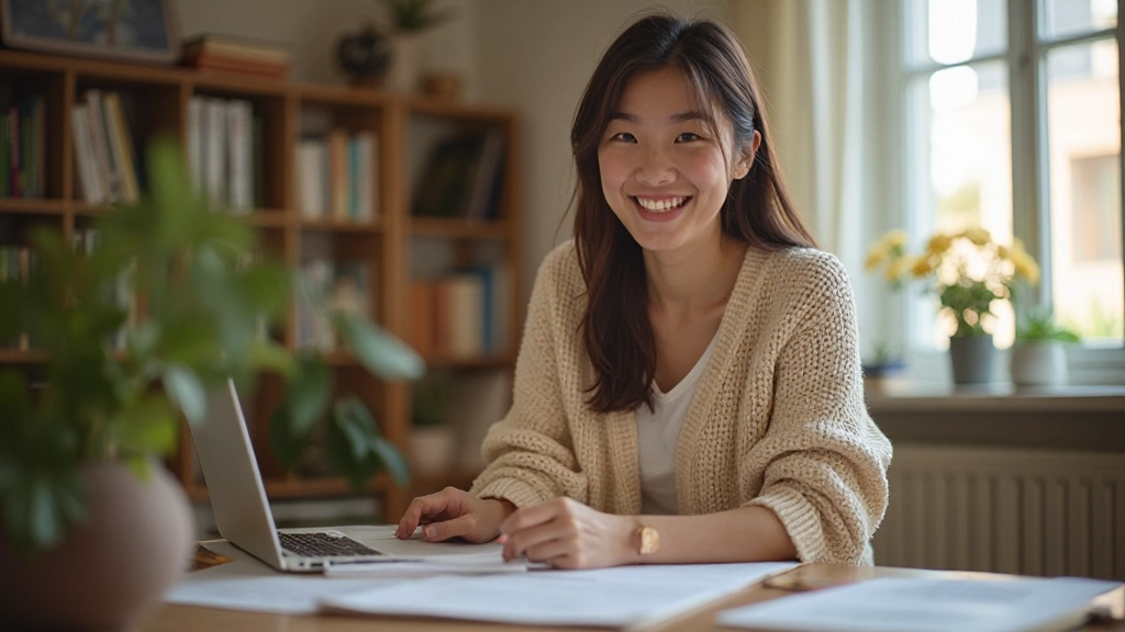 Young woman smiling while studying Spanish language materials at a bright wooden desk with notebook and coffee cup